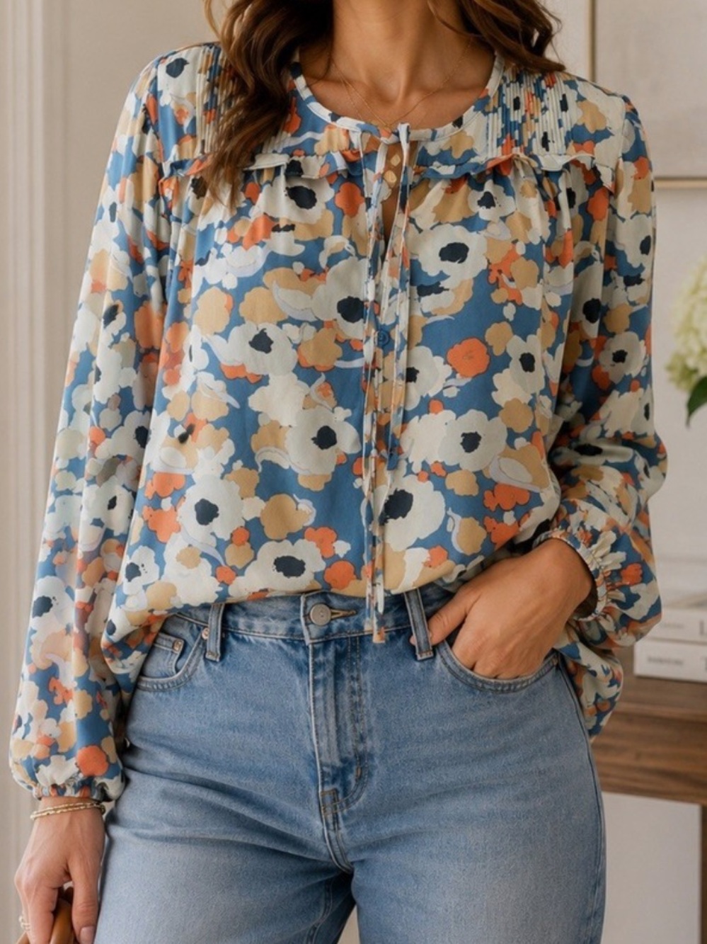 Joie Floral Fields Peasant Top Blue Orange Flowers Tie-Neck Long Sleeve Blouse